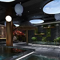 Modern SPA Sauna Interior With Indoor Pool Marble Walls Green Plants And Comfortable Seating