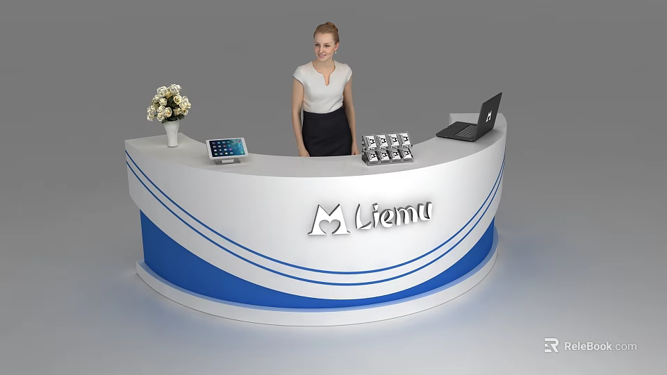 Modern White And Blue Lifemu Reception Desk With Vase Calculator Laptop And Receptionist 3d model 