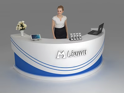 Modern White And Blue Lifemu Reception Desk With Vase Calculator Laptop And Receptionist 3d model