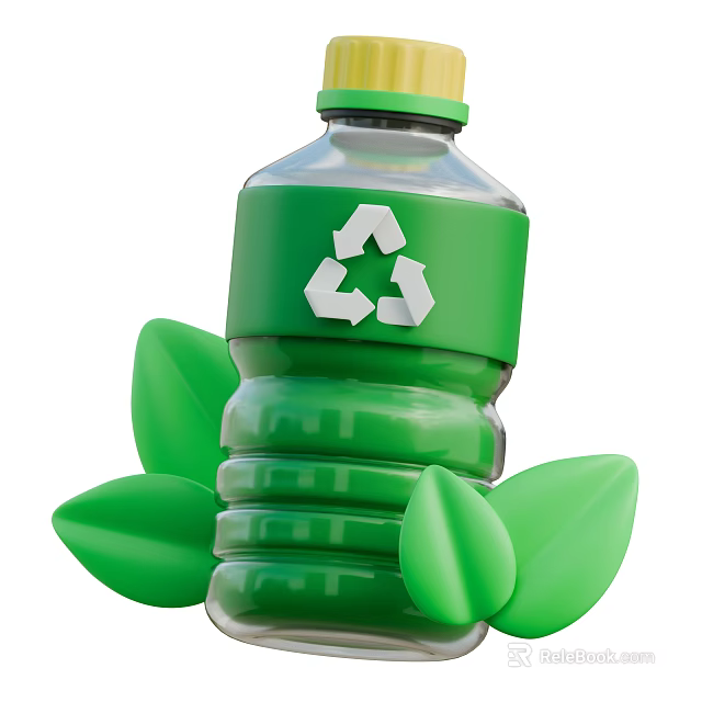 Eco Friendly Decorative Ornament Set With Green Bottle Recycle Symbol And Green Leaves 3d model 