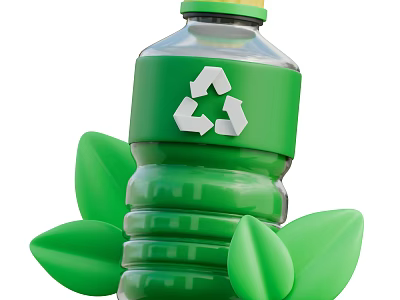 Eco Friendly Decorative Ornament Set With Green Bottle Recycle Symbol And Green Leaves 3d model