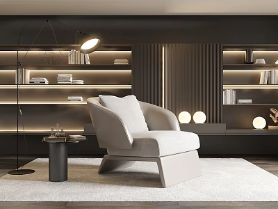 Modern Accent Chair Living Room With Bookshelves Floor Lamp Decorative Lights And Rug 3d model