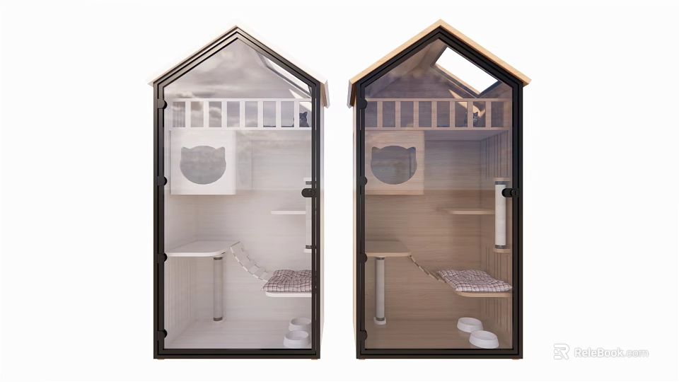 Modern Transparent Pet Cat House Design With Wooden Frame Interior Bed Stairs 3d model 