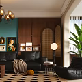 Modern Living Dining Room With Black Sofa Blue Wall Wooden Decor Chandelier And Green Plant