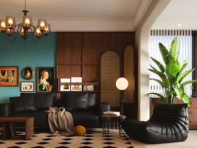 Modern Living Dining Room With Black Sofa Blue Wall Wooden Decor Chandelier And Green Plant 3d model