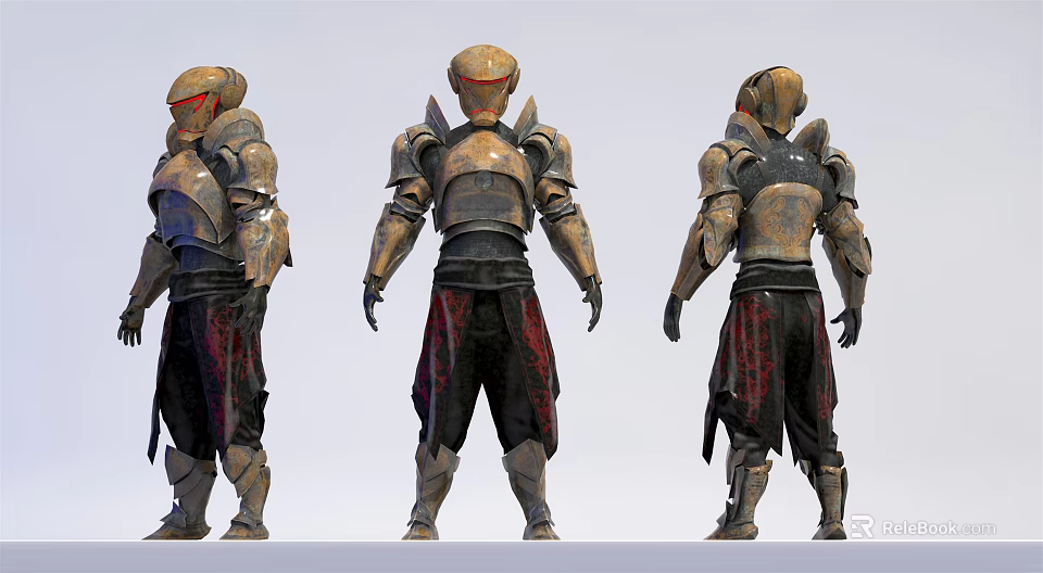 Game Movie Character 3D Model Golden Dark Red Armor Detailed Front Back Side Views 3d model 