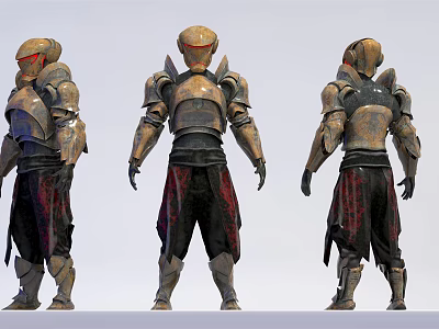 Game Movie Character 3D Model Golden Dark Red Armor Detailed Front Back Side Views 3d model
