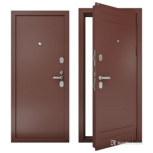 Brown Front Door With Lock And Handle In Open And Closed Positions 3d model