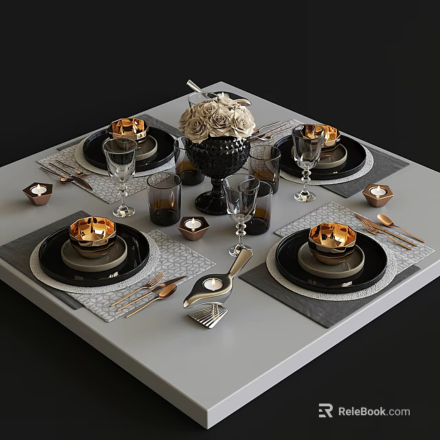 Elegant Black And Gold Dinnerware Set With Placemats Glassware Candle Holders And Flower Centerpiece 3d model 