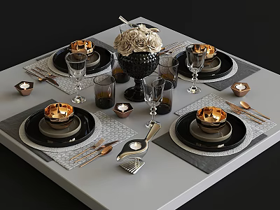 Elegant Black And Gold Dinnerware Set With Placemats Glassware Candle Holders And Flower Centerpiece 3d model