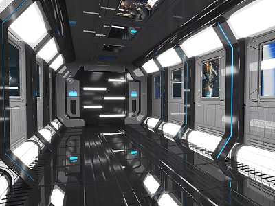 Futuristic Sci Fi Corridor Interior With Metallic Walls Bright Lighting And Reflective Flooring 3d model