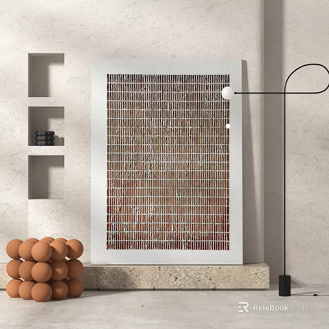 White Framed Grid Artwork With Black Floor Lamp And Brown Spherical Decor 3d model