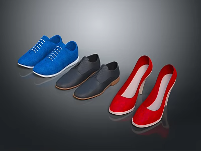 Fashionable Blue Sneakers Black Leather Shoes and Red High Heels Collection 3d model