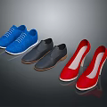 Fashionable Blue Sneakers Black Leather Shoes and Red High Heels Collection
