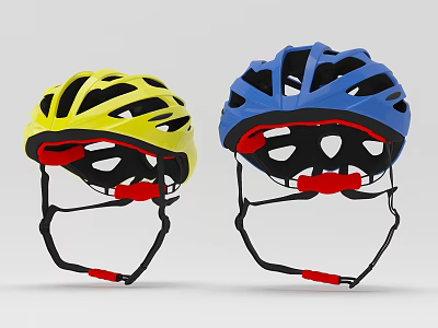 Yellow And Blue Cycling Helmets With Ventilation Holes And Red Straps 3d model