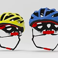 Yellow And Blue Cycling Helmets With Ventilation Holes And Red Straps