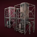 Industrial Storage Tanks With Metal Frames Pipes Valves And Red Rusted Finish