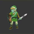 Game Movie Character In Green Outfit Green Hat Blonde Hair Holding Shield Sword