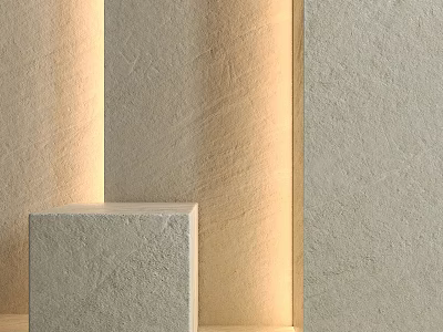 Light Colored Textured Stone Structural Components With Illuminated Background And Cube Base 3d model