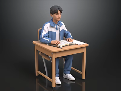Man in Blue and White Tracksuit Sitting at Desk Reading Open Book 3d model