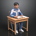 Man in Blue and White Tracksuit Sitting at Desk Reading Open Book