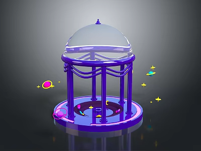 Purple Artistic Decoration With Transparent Dome Glowing Base And Colorful Surrounding Stars 3d model