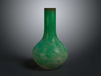 Green Vase Decor On Modern Wooden Shelf Furniture Piece 3d model