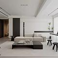 Modern Living Dining Room With Beige Sofa Black Armchair Glass Coffee Table TV Wall Fireplace