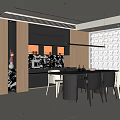 Modern Restaurant Interior With Open Kitchen Round Dining Table Chairs And Hanging Lights