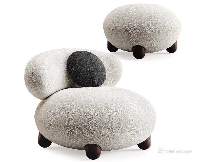 Plush Light Gray Sofa Stool With Black Cushion And Dark Wooden Legs 3d model 