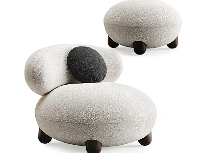 Plush Light Gray Sofa Stool With Black Cushion And Dark Wooden Legs 3d model
