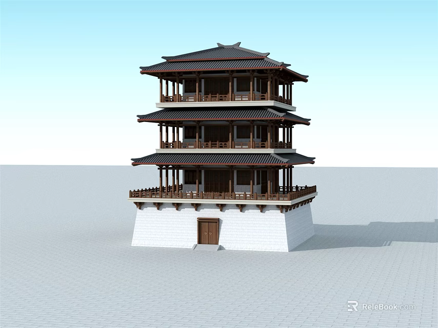 Traditional Ancient Chinese Architecture With Multiple Floors Overhanging Eaves And Wooden Structure White Base 3d model 