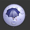 Horned Purple Hair Character Holding Blue Umbrella On White Circular Base With Floating Pink Petals