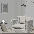 Modern Beige Single Sofa With Plush Pillows Side Table Floor Lamp And Wall Art 3d model