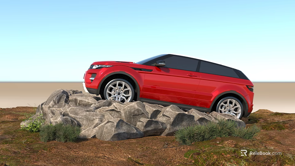 Red SUV Parked On Rocky Terrain With Green Grass And Scenic Outdoor View 3d model 