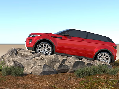 Red SUV Parked On Rocky Terrain With Green Grass And Scenic Outdoor View 3d model