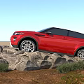 Red SUV Parked On Rocky Terrain With Green Grass And Scenic Outdoor View