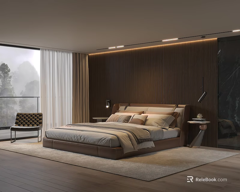 Modern Bedroom Interior With King Size Bed Wooden Panel Wall And Floor to Ceiling Window 3d model 