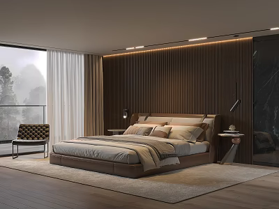 Modern Bedroom Interior With King Size Bed Wooden Panel Wall And Floor to Ceiling Window 3d model