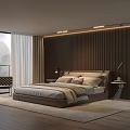 Modern Bedroom Interior With King Size Bed Wooden Panel Wall And Floor to Ceiling Window
