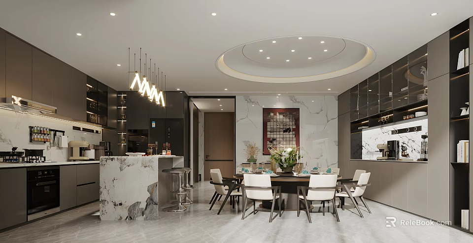 Modern Restaurant Interior With Marble Dining Table Chandeliers And Round Ceiling Lights 3d model 