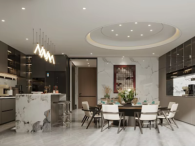 Modern Restaurant Interior With Marble Dining Table Chandeliers And Round Ceiling Lights 3d model