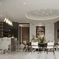 Modern Restaurant Interior With Marble Dining Table Chandeliers And Round Ceiling Lights