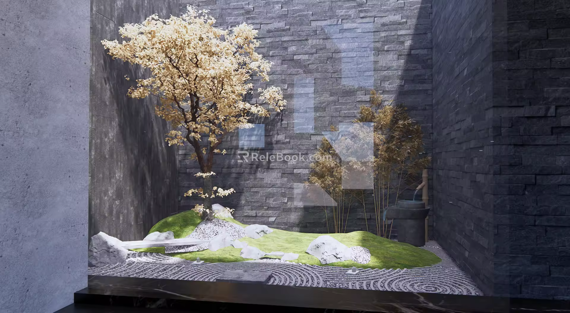 New Chinese style landscape sketch stone landscape tree combination 3d model