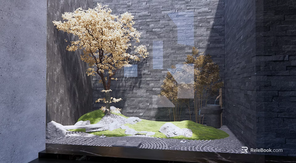 Mini Garden Landscape with Golden Tree Gray Stone Wall Green Grass White Stones and Wavy Ground 3d model 