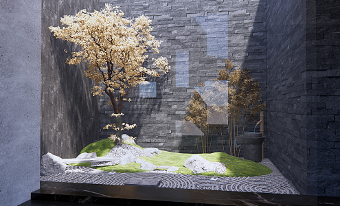 New Chinese style landscape sketch stone landscape tree combination 3d model