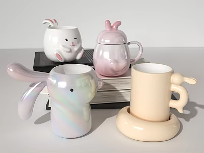 Cute Rabbit Ear Cups White Pink Rainbow Beige with Lid on Book and Beside 3d model