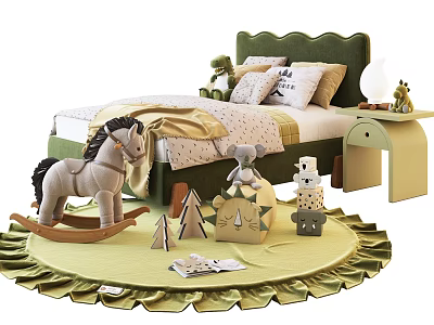 Cozy Kids Bed with Rocking Horse Stuffed Toys and Side Table in Children's Room 3d model