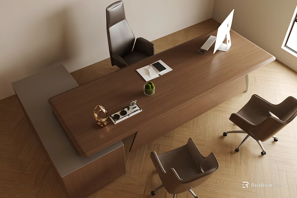 Modern Wooden Office Desk With Laptop Plant Notebook And Leather Chairs 3d model 