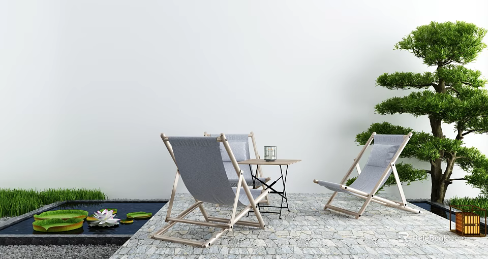 Small Outdoor Table With Gray Lounge Chairs Green Plants Pebble Floor And Water Pond 3d model 